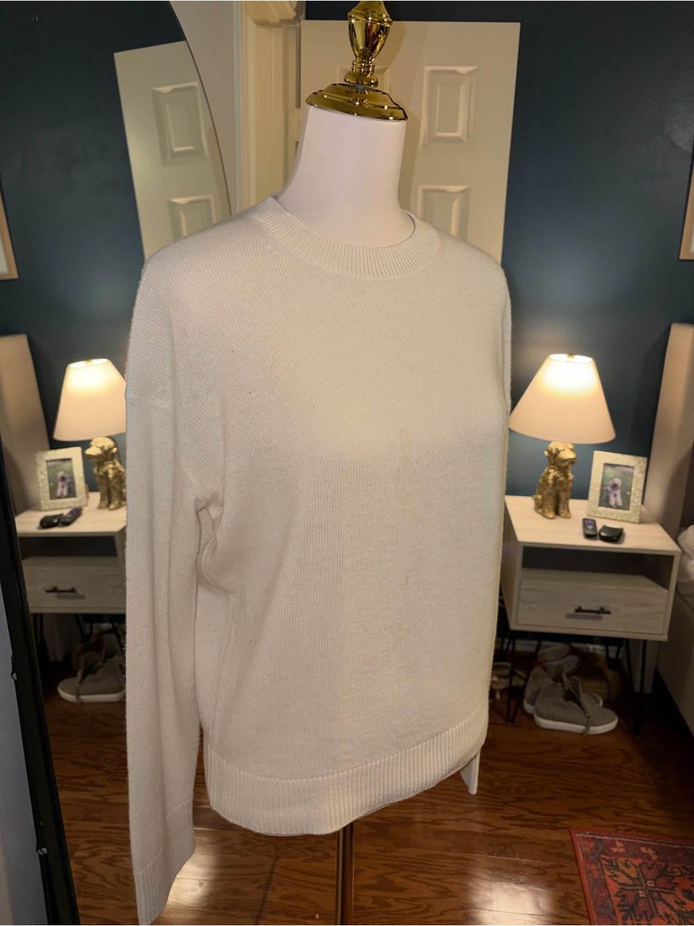 Theory Cream Ribbed Crewneck Sweater